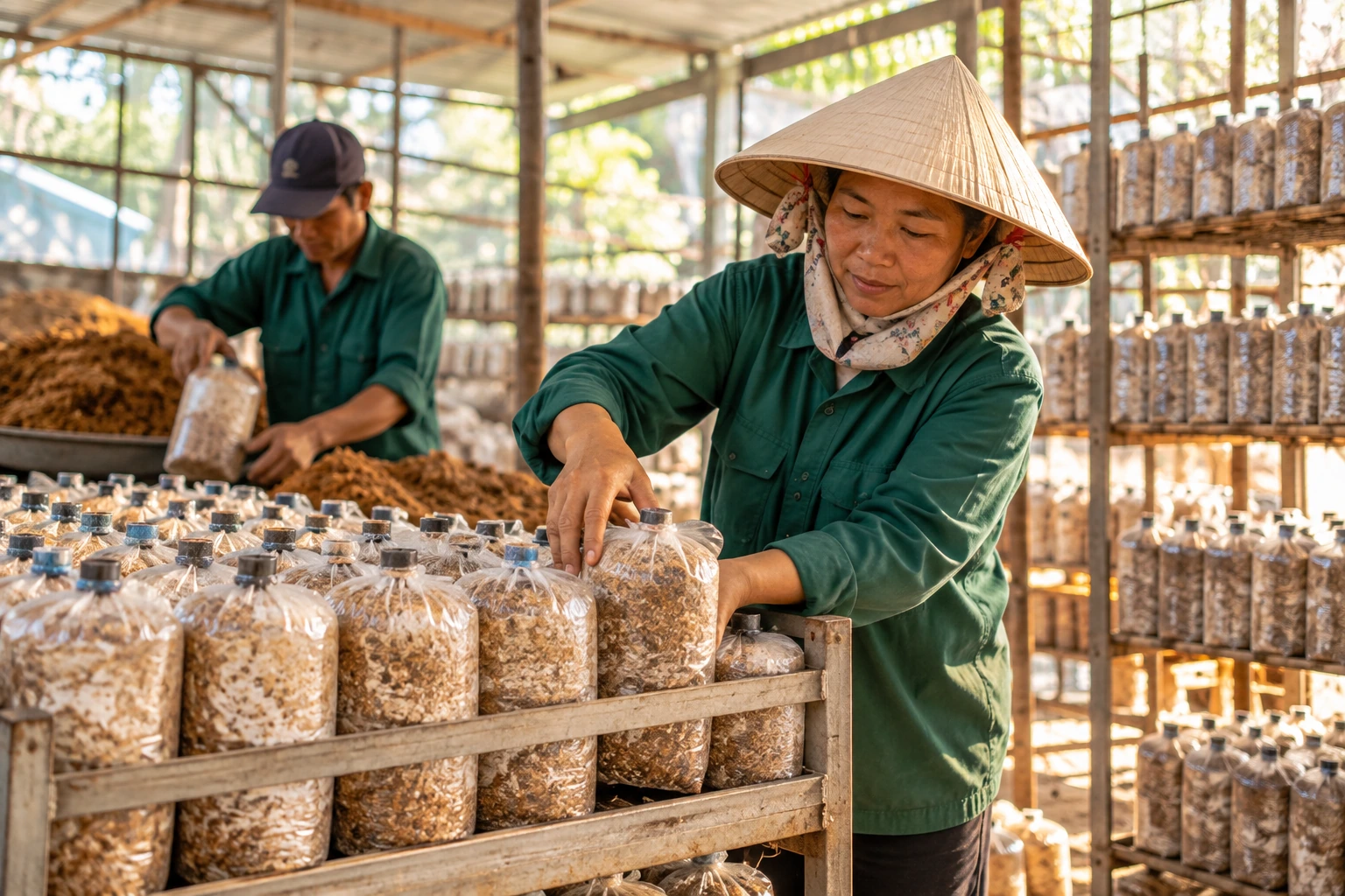 Những người làm nấm ngồi quanh một đống giá thể màu nâu trong xưởng, bên cạnh các bịch giá thể đang được đóng